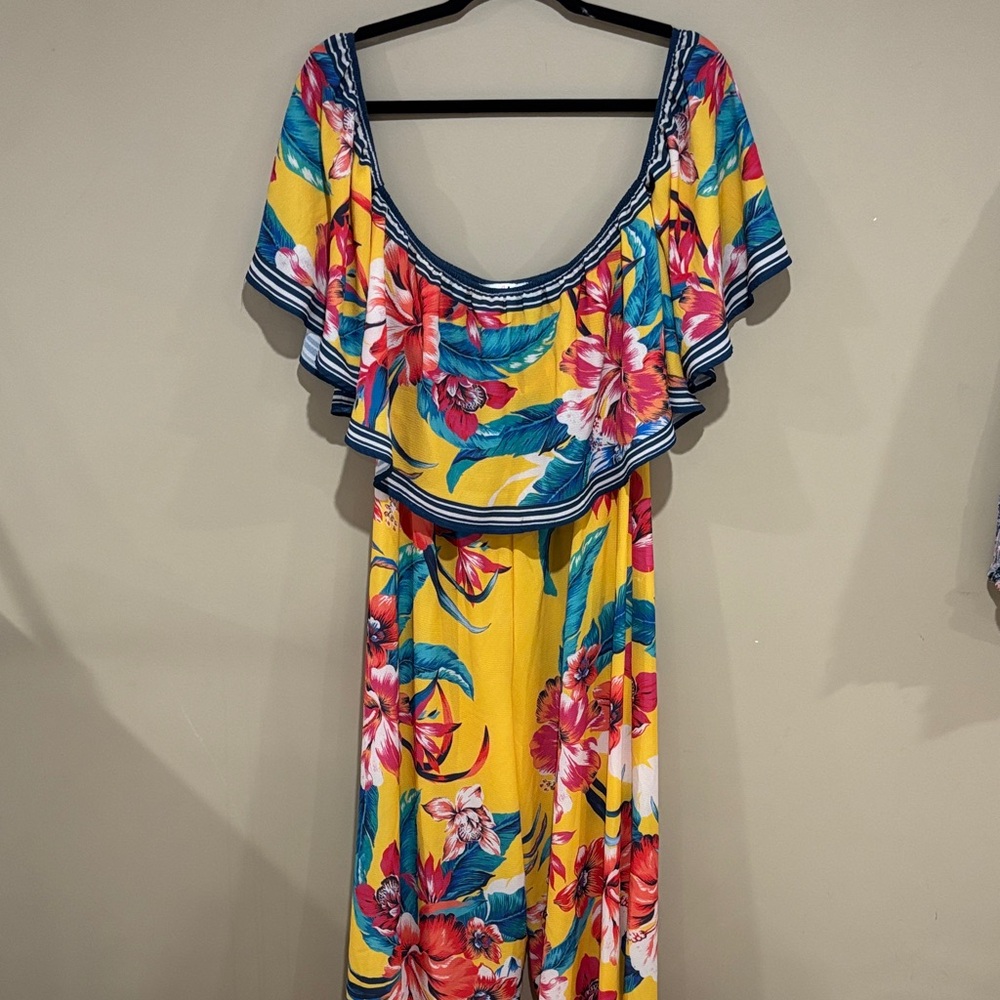 Fashion House Yellow Tropical Floral Ruffle Jumpsuit - Medium - Wide Leg